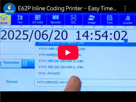 Impressora de codificação em linha E62P – Fácil personalização do formato de hora