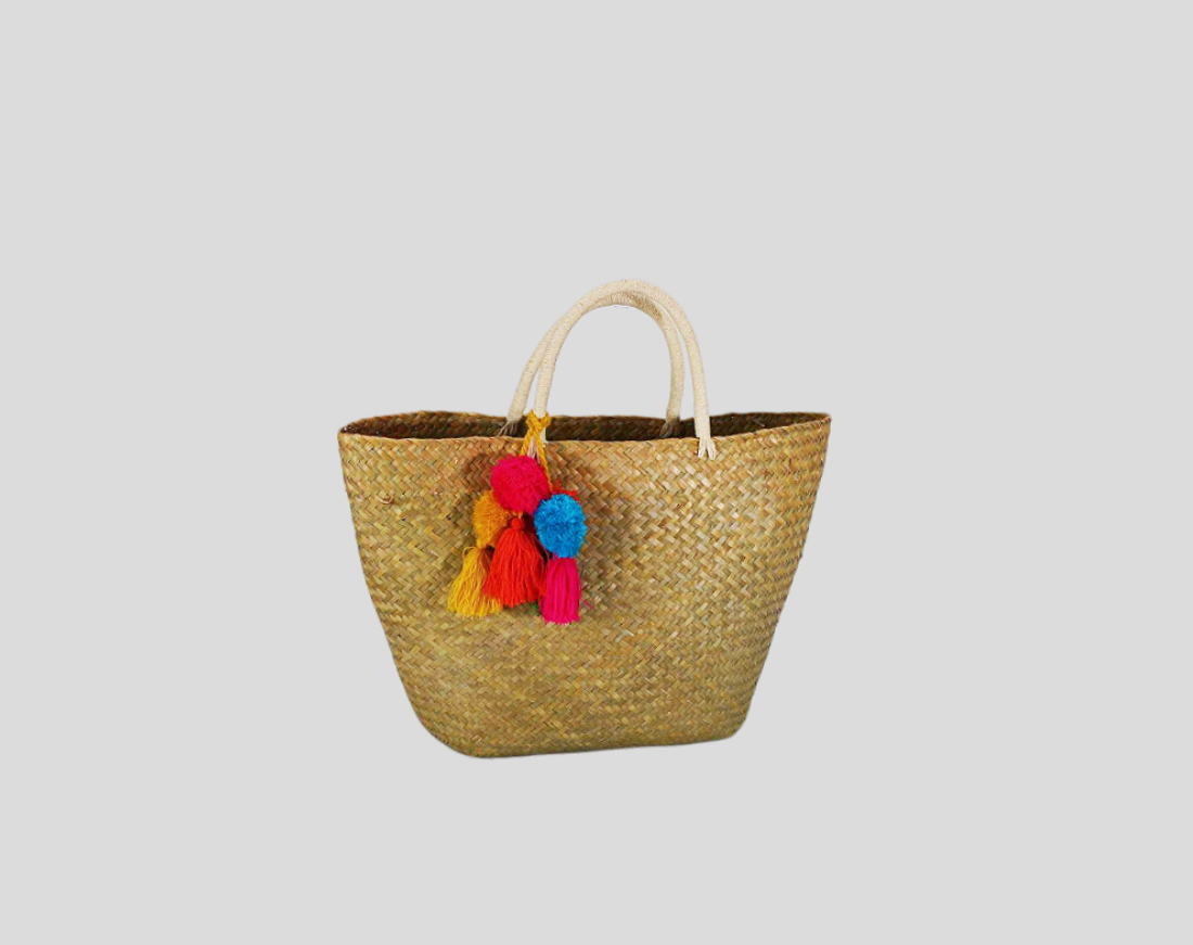 Braided Straw Bag With Print And Rope Embroidery