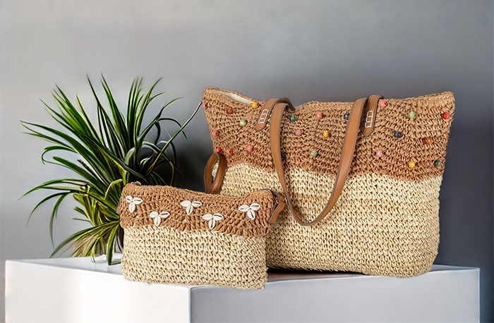 Bolsa De Papel De Ganchillo Ondulado Con Conchas Y Perlas