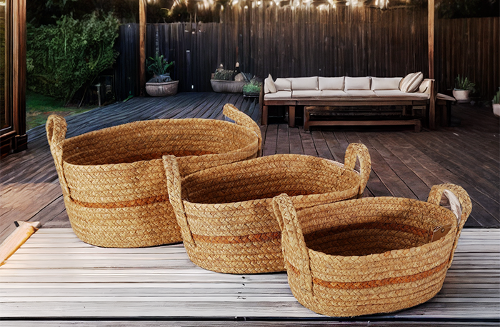 Hand Stitched Gourd Grass Basket Set Of 3