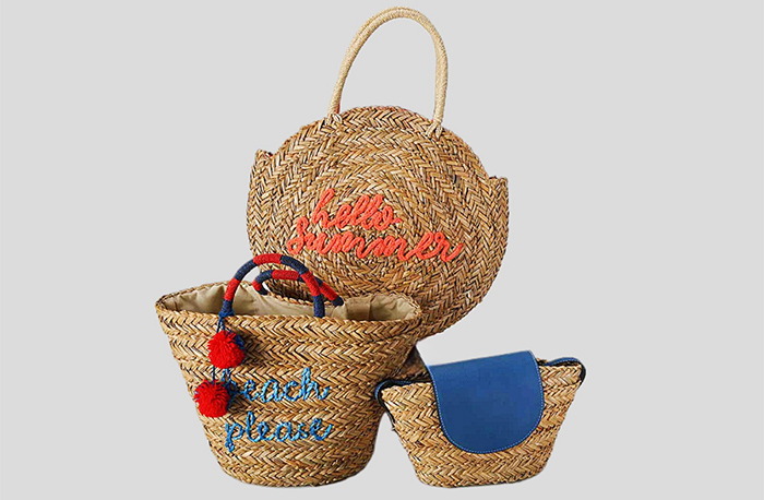 Natural Straw Braid Bag With Rope Embroidery