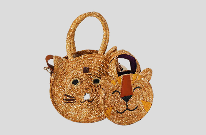 Sac tressé en paille de blé pour enfants avec broderie d'animaux