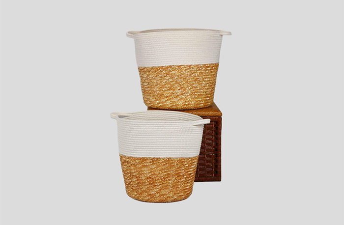 Round Felt And Straw Braid Storage Basket