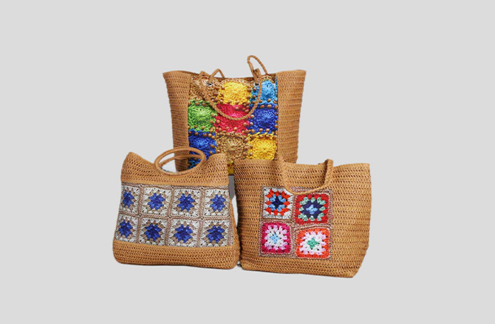 Patchwork Paper Beach Bag With Print Of Croceht Flower