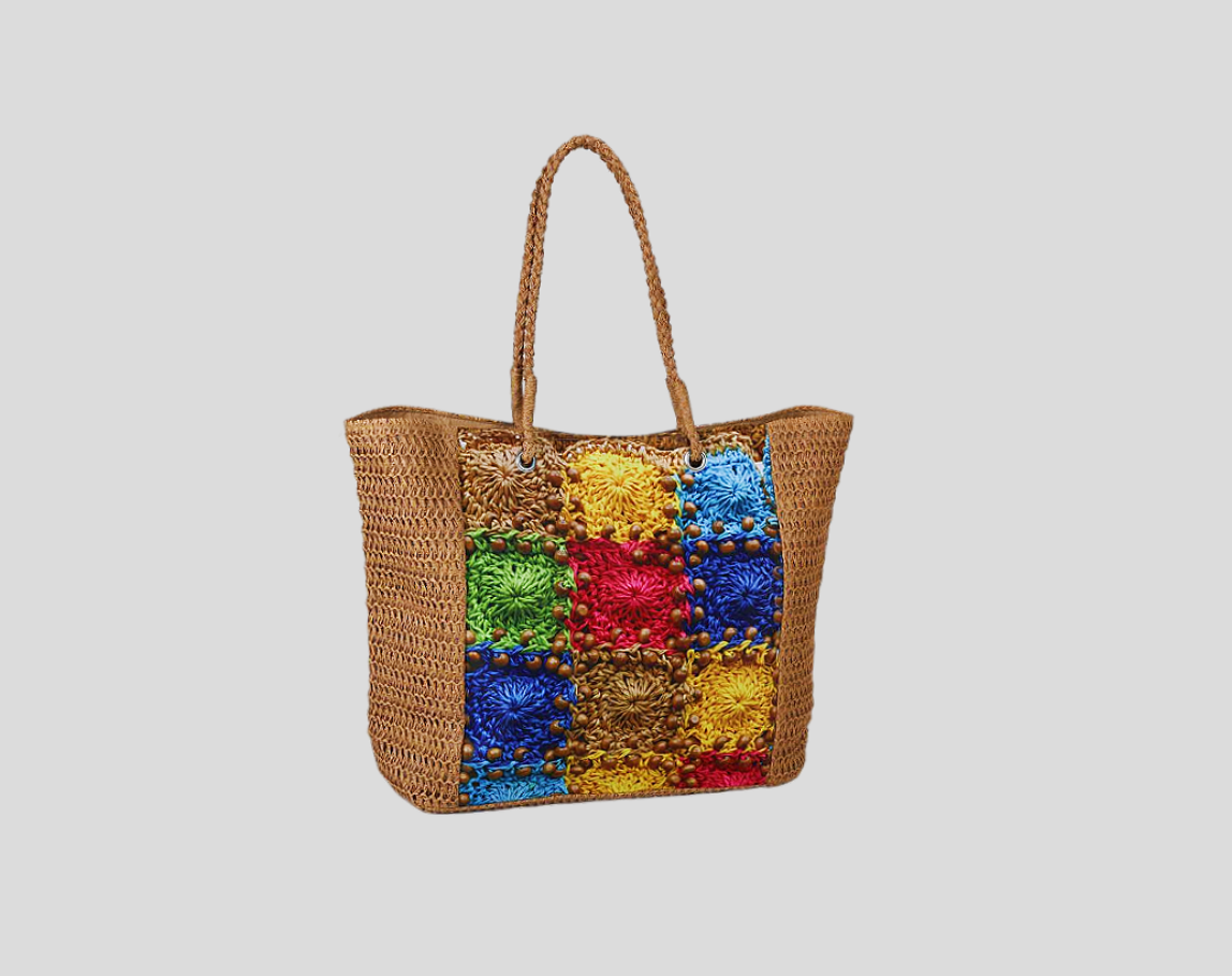 Patchwork Paper Beach Bag With Print Of Croceht Flower