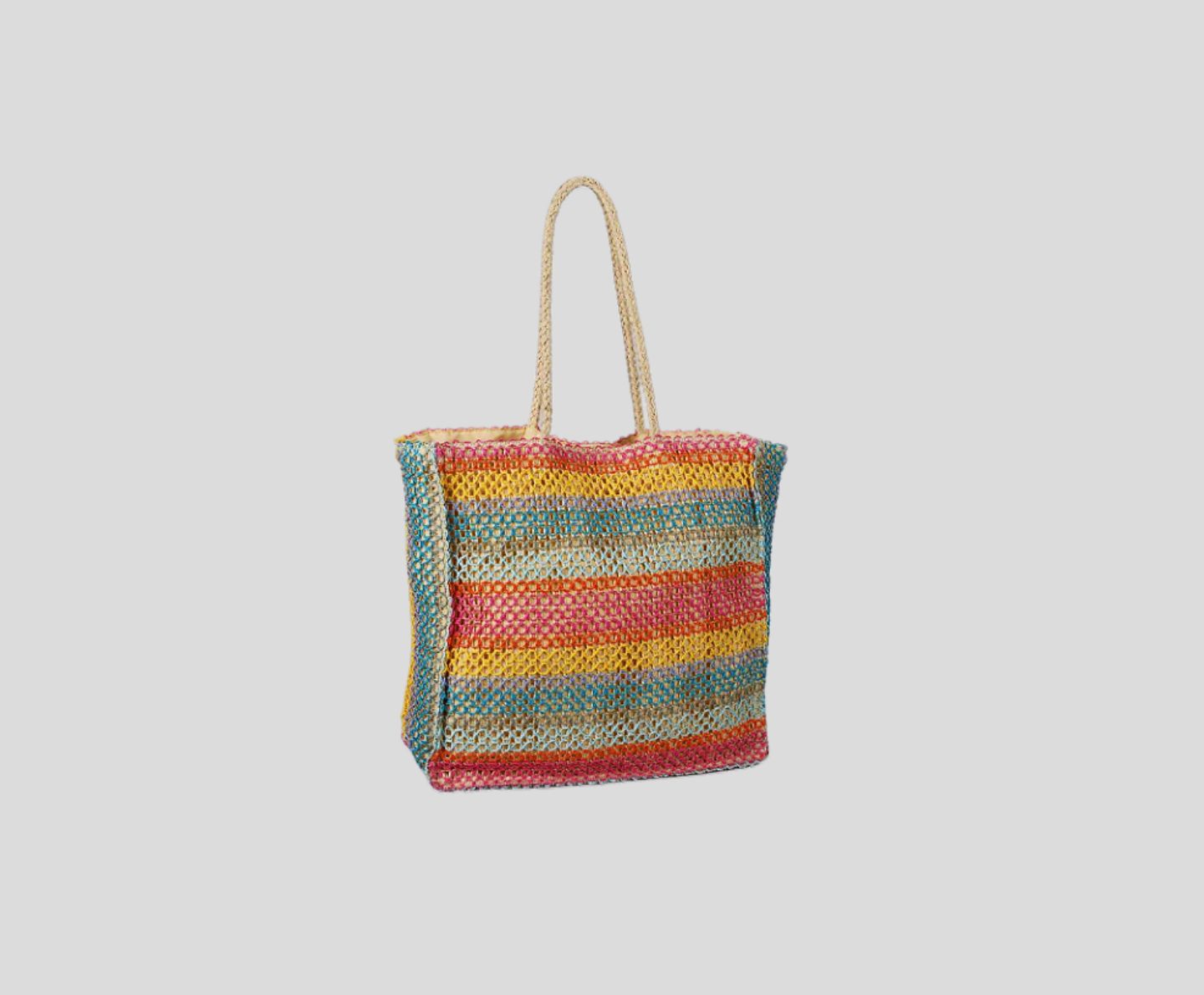 Rainbow Color Patchwork Beach Bag With Braided Handle