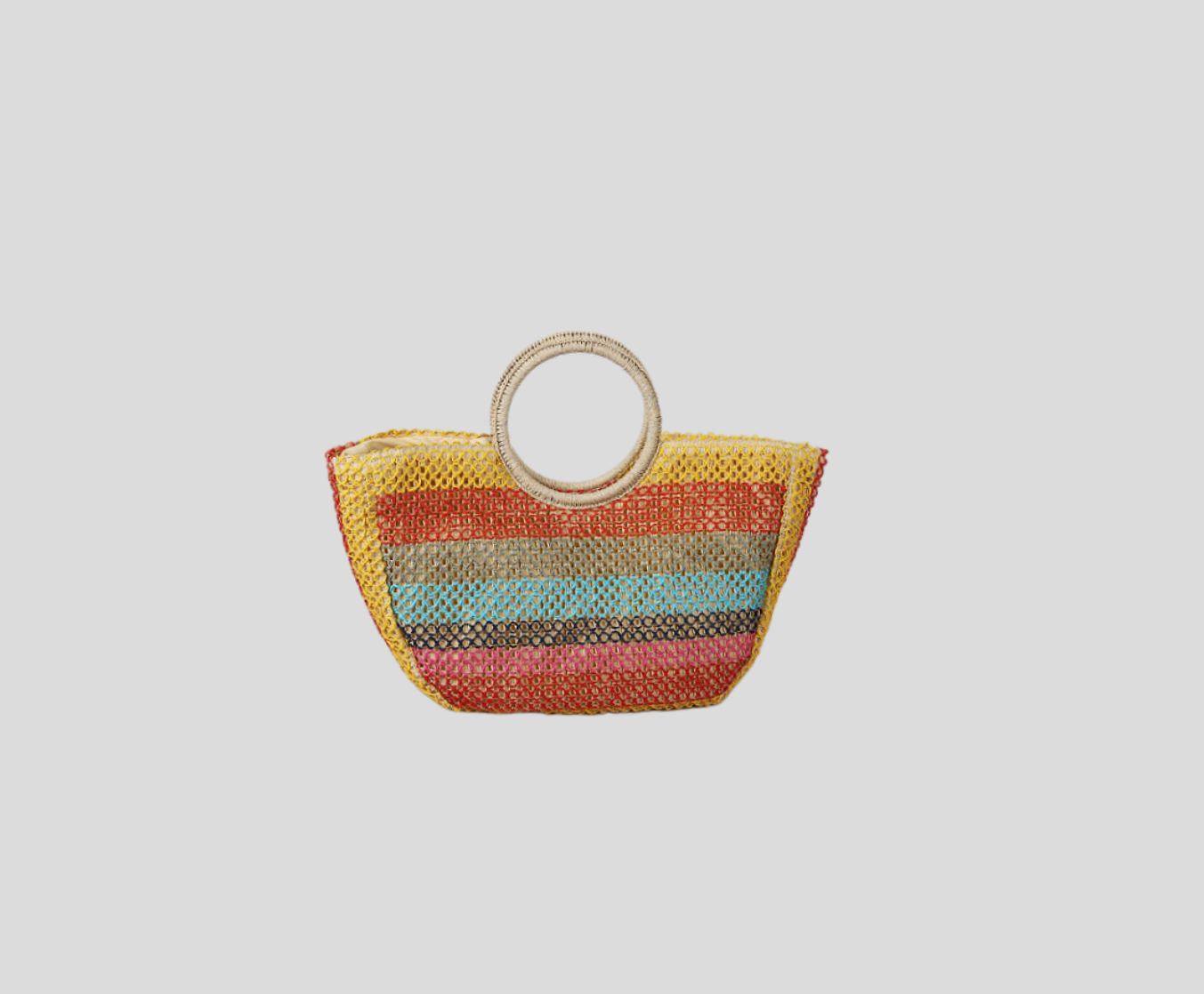 Rainbow Color Patchwork Beach Bag With Braided Handle