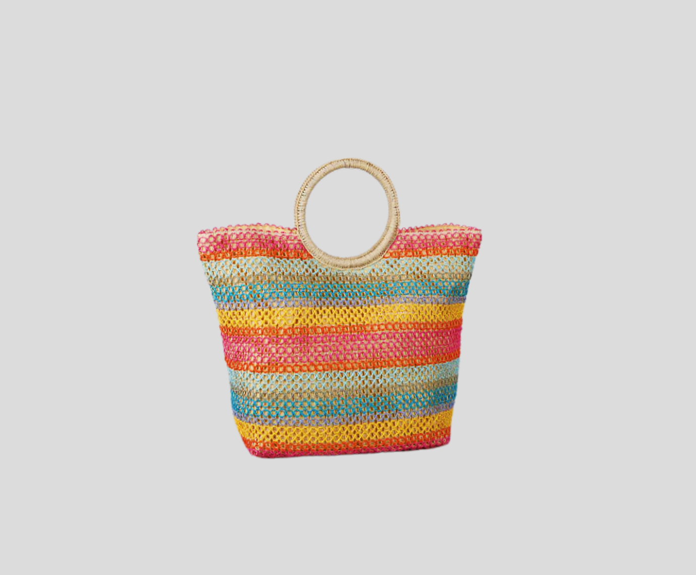 Rainbow Color Patchwork Beach Bag With Braided Handle