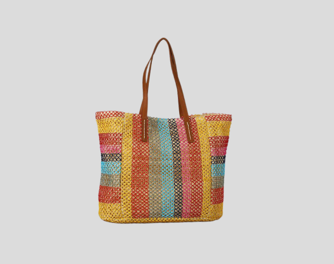 Rainbow Color Patchwork Beach Bag With Braided Handle