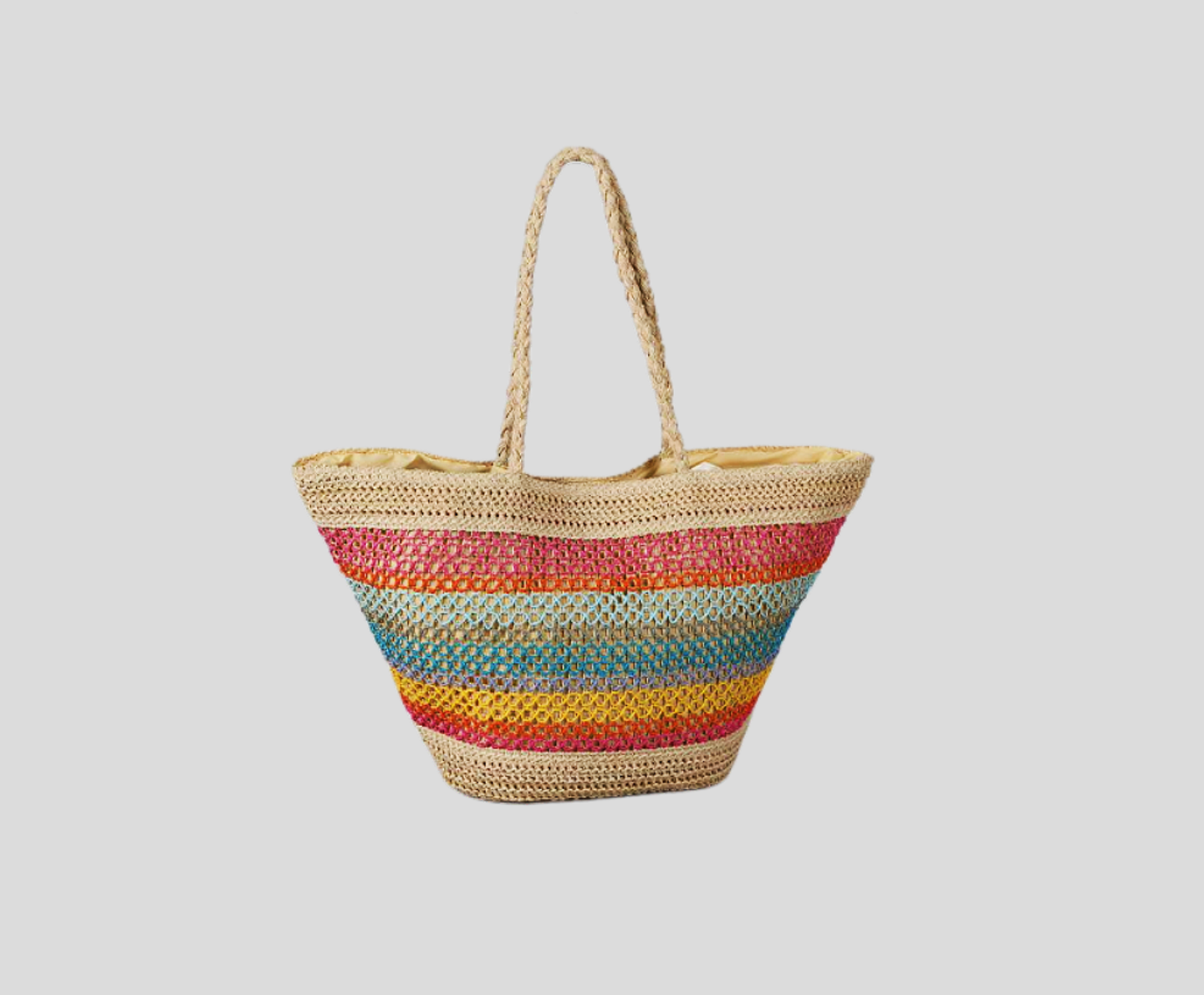 Rainbow Color Patchwork Beach Bag With Braided Handle