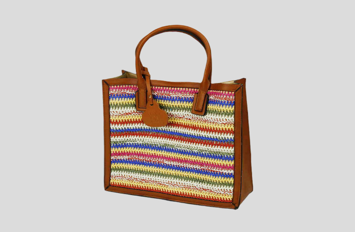 Colorful Striped Tote Bag Made from PU and Woven Paper Fabric