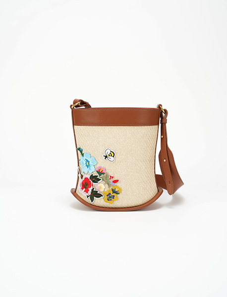 Paper-woven embroidered PU bucket shoulder bag