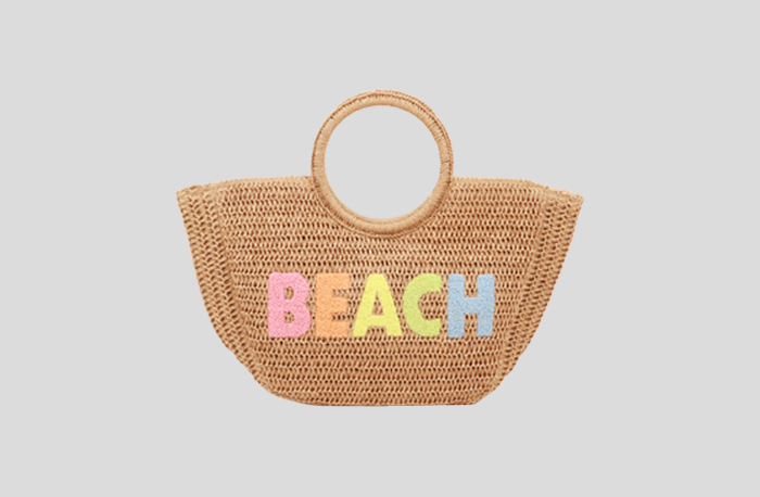 Khaki Textured Paper-Woven Beach Bag with Round Handles and Colorful Plush Letter Accents