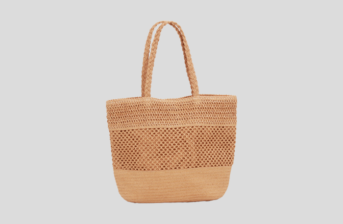 Khaki Paper-Woven Tote Bag with Braided Straps and Hollow Design