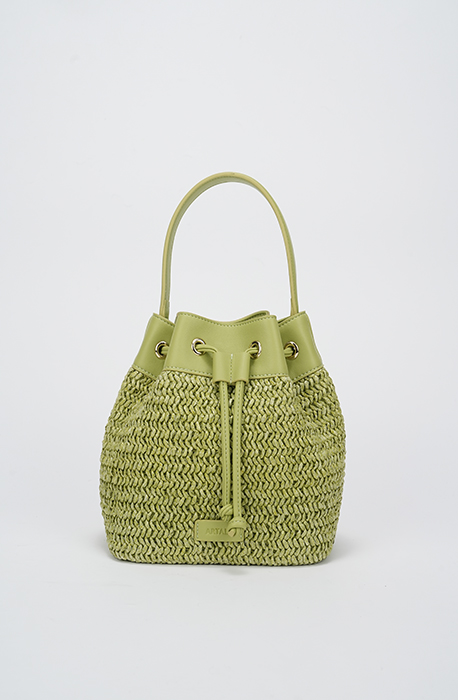 Fresh green paper-woven bucket tote bag with PU drawstring