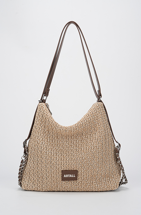 Chic Khaki Paper-Woven Tote Bag with Chain and PU Leather Straps