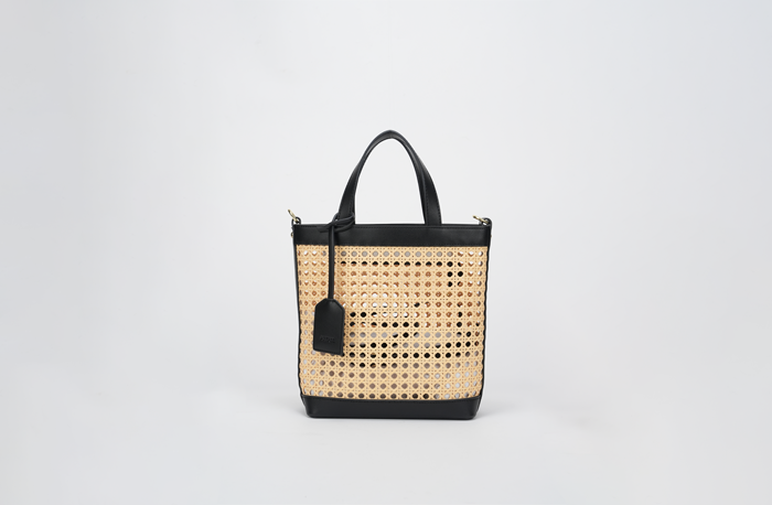 Hollow Rattan Bucket Bag with Black PU Accents