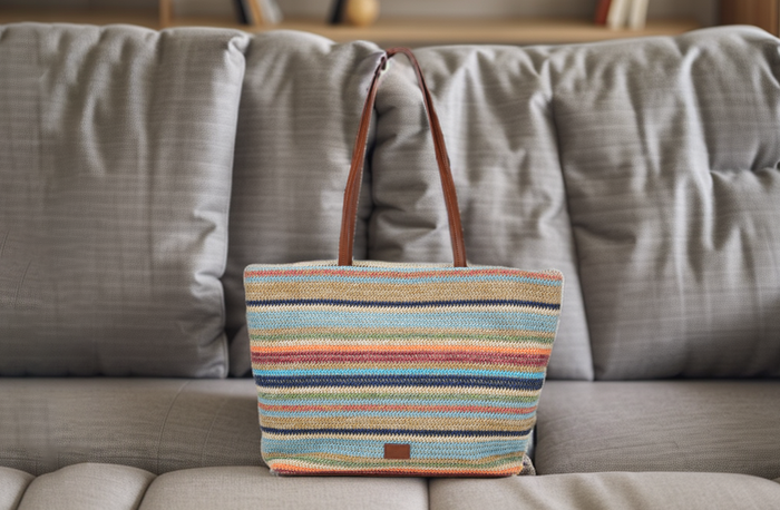 Colorful Striped Paper-Woven Tote Bag with PU Leather Straps