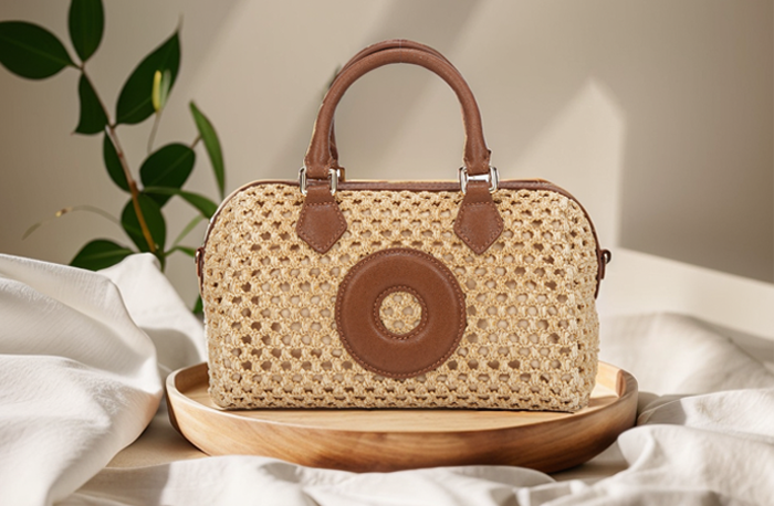 Stylish Handbag Made from Two-Toned Natural Paper Weaving with PU Leather Accents