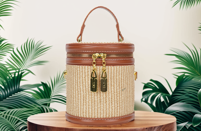 Khaki PU Straw Round Bucket Bag: Customizable Metal Zipper and Adjustable PU Straps