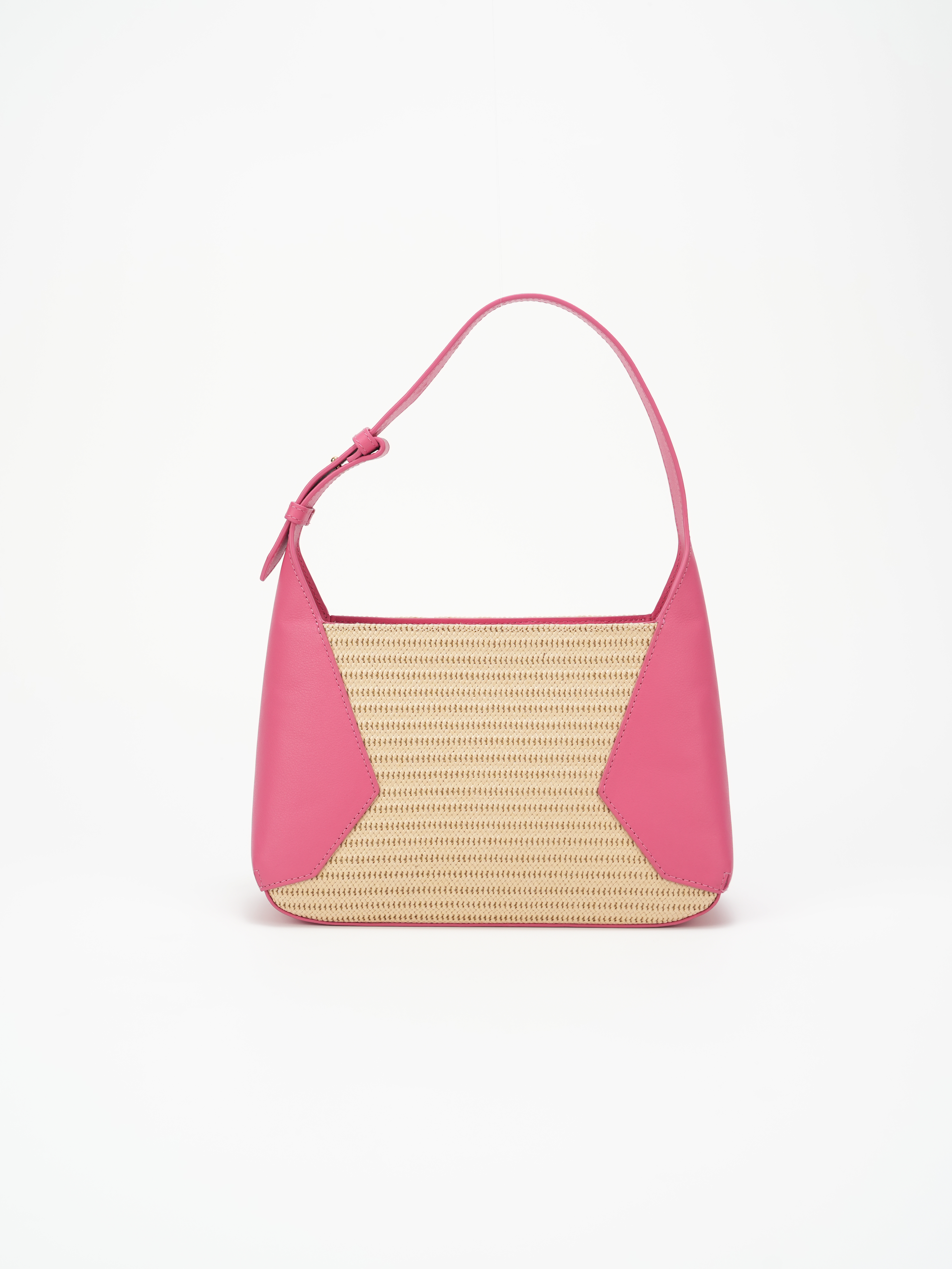 Stylish Barbie Pink PU Leather and Woven Raffia Handbag