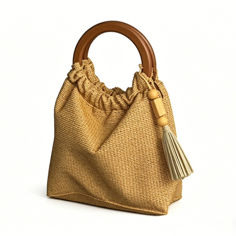 Geantă tote țesută din PP cu mâner din lemn și ciucure