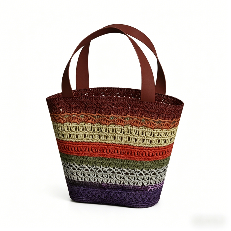 PU 손잡이가 달린 다채로운 크로셰 토트 스트라이프 종이 실 가방