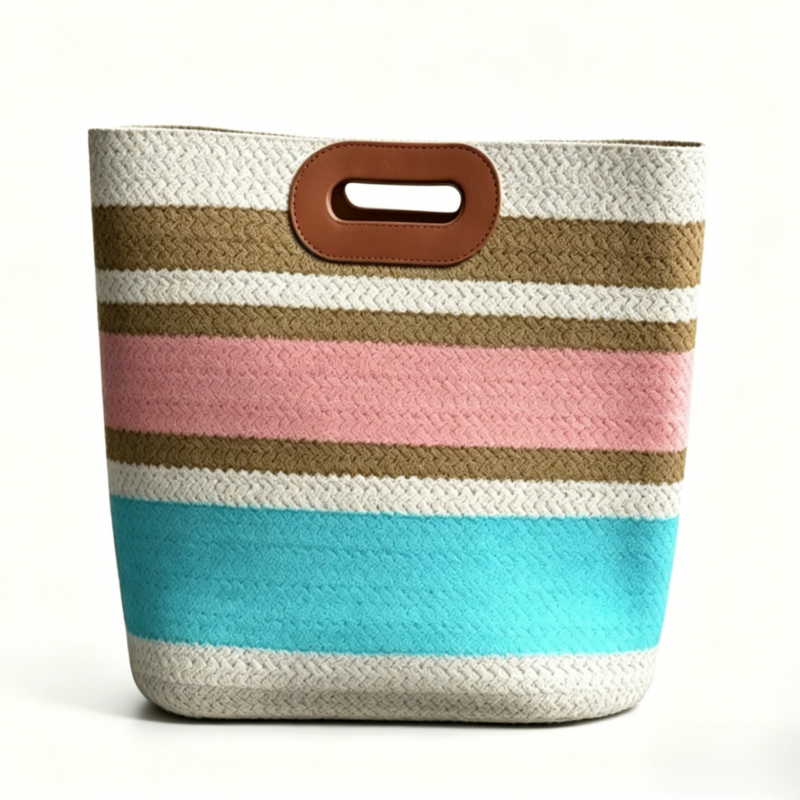Sac fourre-tout en papier tressé colorblock avec poignée en PU