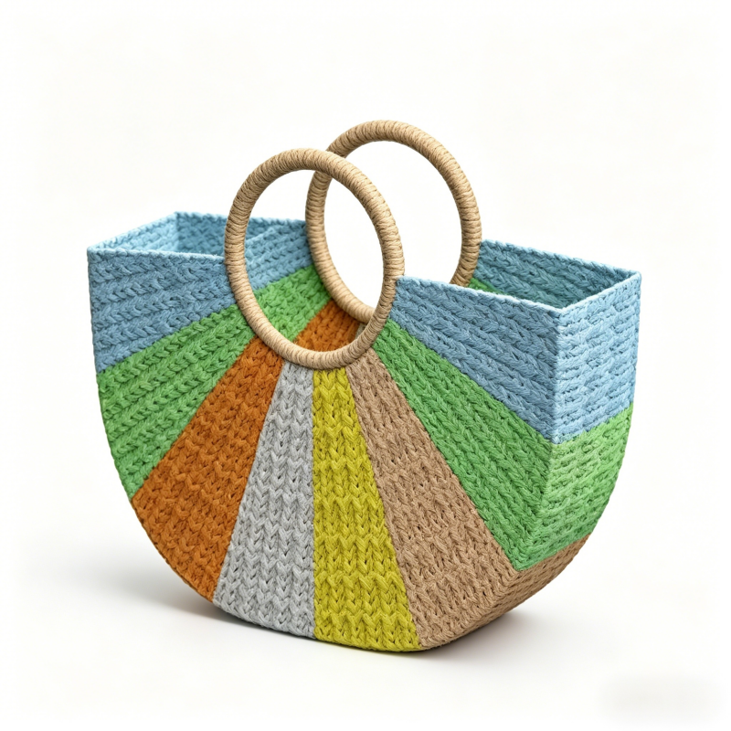 Sac fourre-tout en corde de papier tissé à la main coloré avec poignées rondes