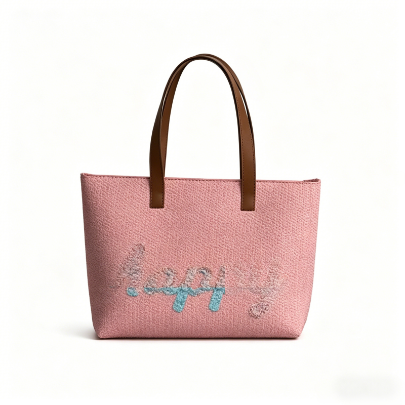 Sac fourre-tout en papier tissé rose avec broderie