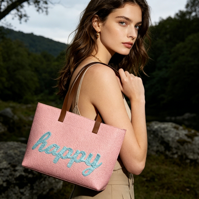 Pink Woven Paper Fabric Tote Bag with Embroidery