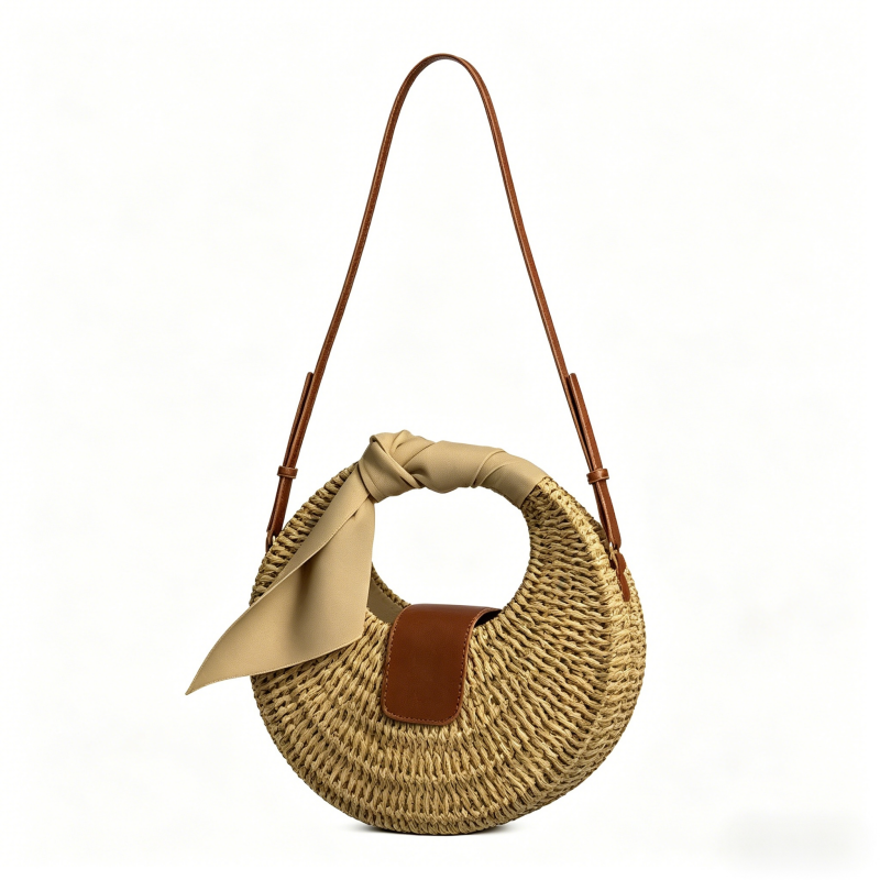 Sac tissé en fil de papier demi-lune avec poignée en foulard de soie et bandoulière en PU