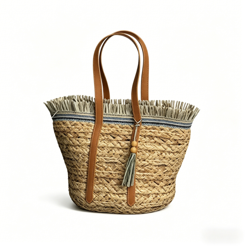 Natural Seagrass Woven Bag with PU Handles and Vintage Tassel