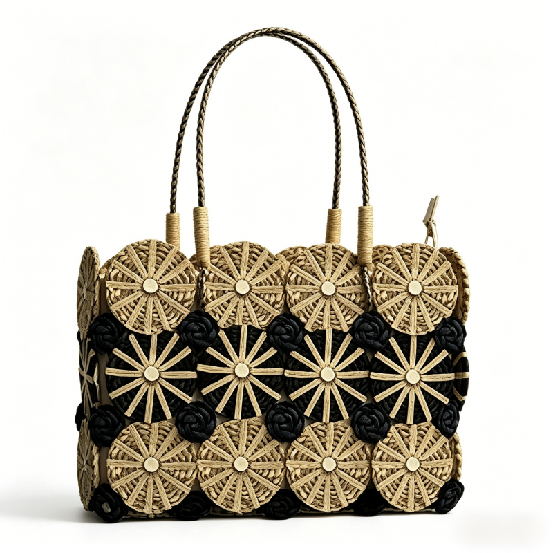 Elegant Circular Pattern Handcrafted Woven Straw Tote Bag