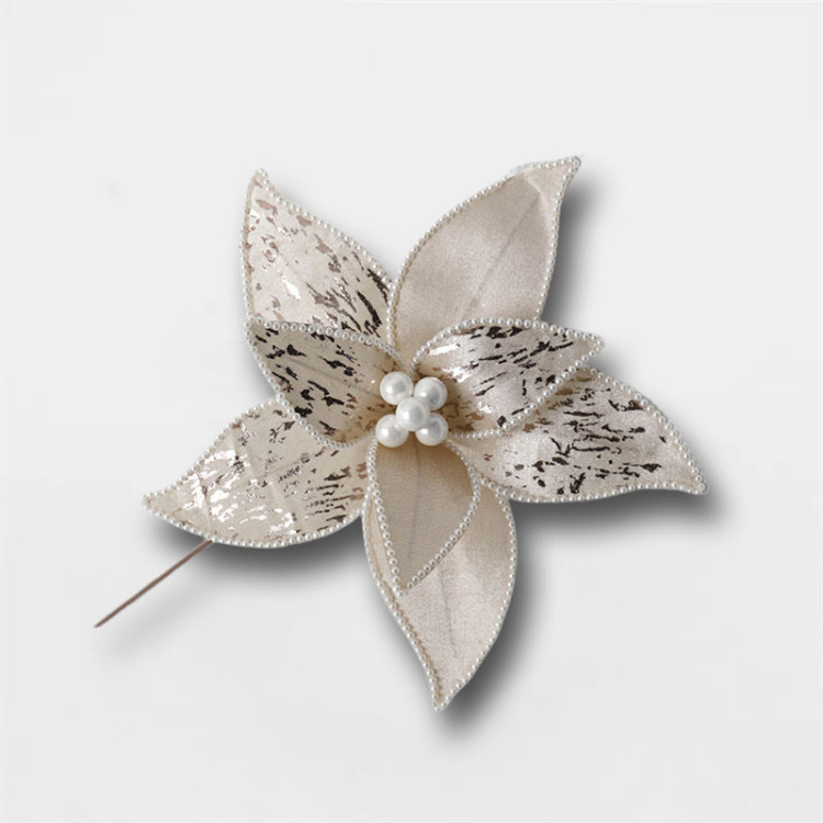 Porche navideño Flores artificiales de terciopelo perla blanca
