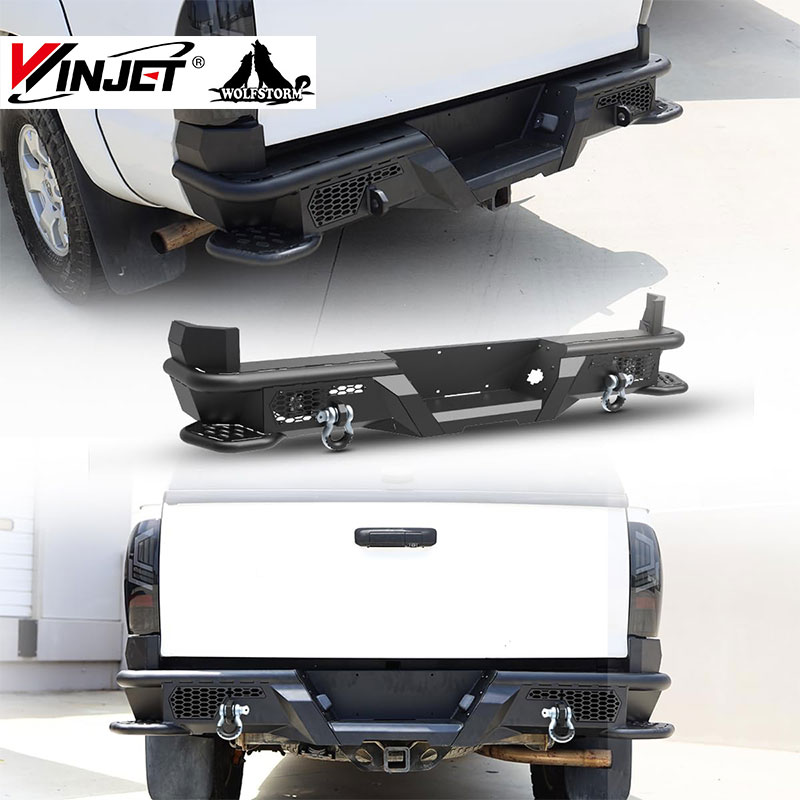 トヨタ タコマ 2005-2015 フル幅チューブラーエッジデザイン 2ポッドライト 2Dリングシャックル スチールリアバンパー