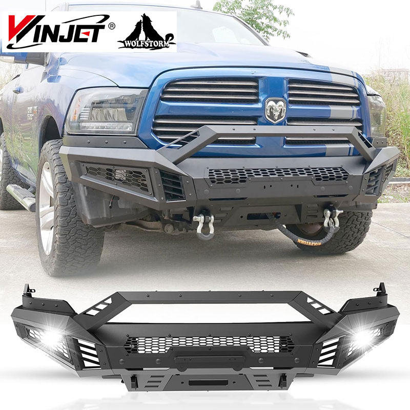 for 2013-2018 RAM 1500 faceleft upgrade shark-like side wings 2 pod light 2 taw hooks steel modular front bumper bull bar