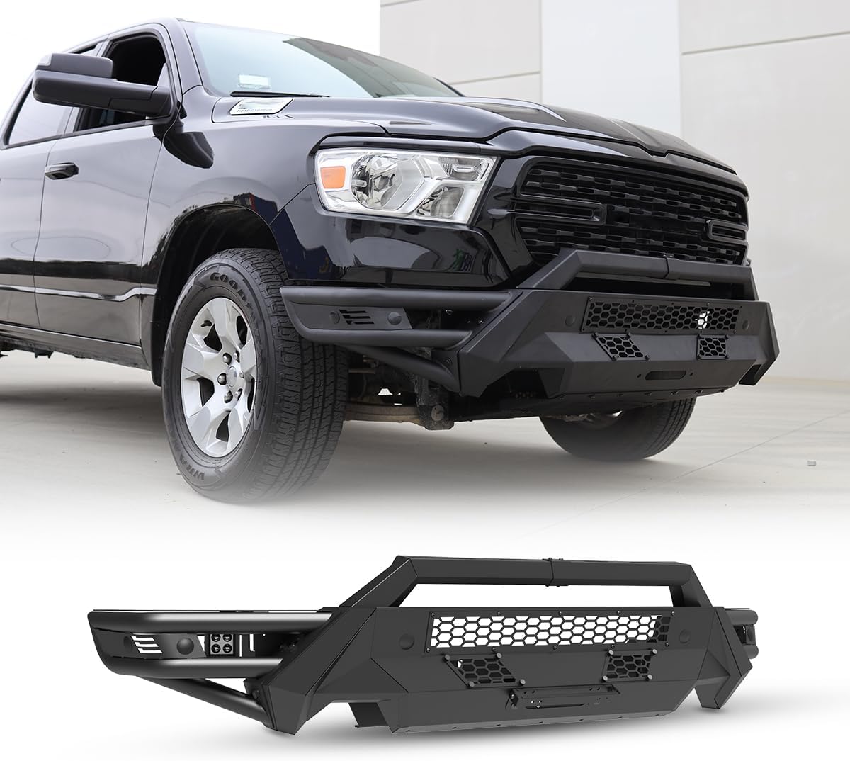 Frontstoßstangen-Bullbar für RAM 1500 (2019–2024): Sensorbohrung & Halterung für klappbares Kennzeichen, durchgehender Frontstoßstangen-Bullbar