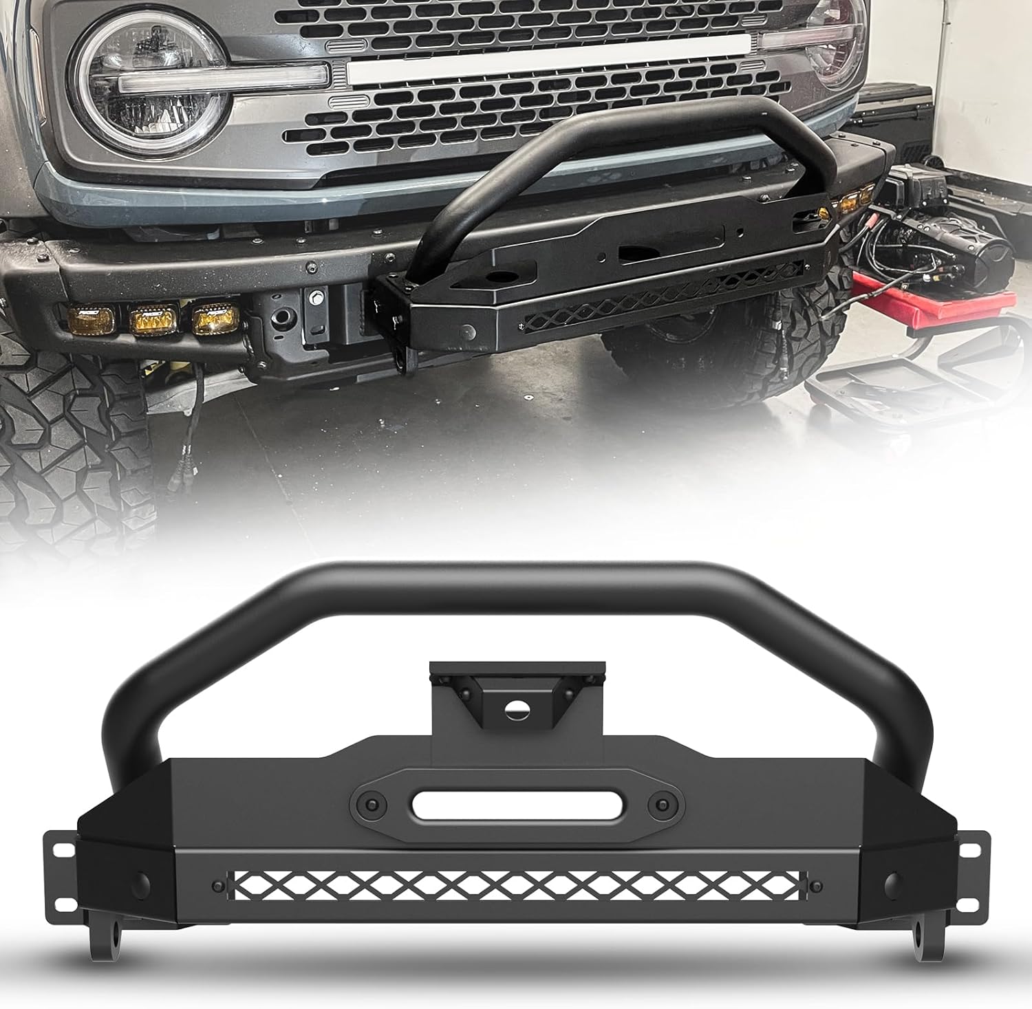 for 2021-2025 Ford Bronco Front Bumper with Bull Bar & Winch Mount Off-Road Brush Guard Winch Mounting Plate
