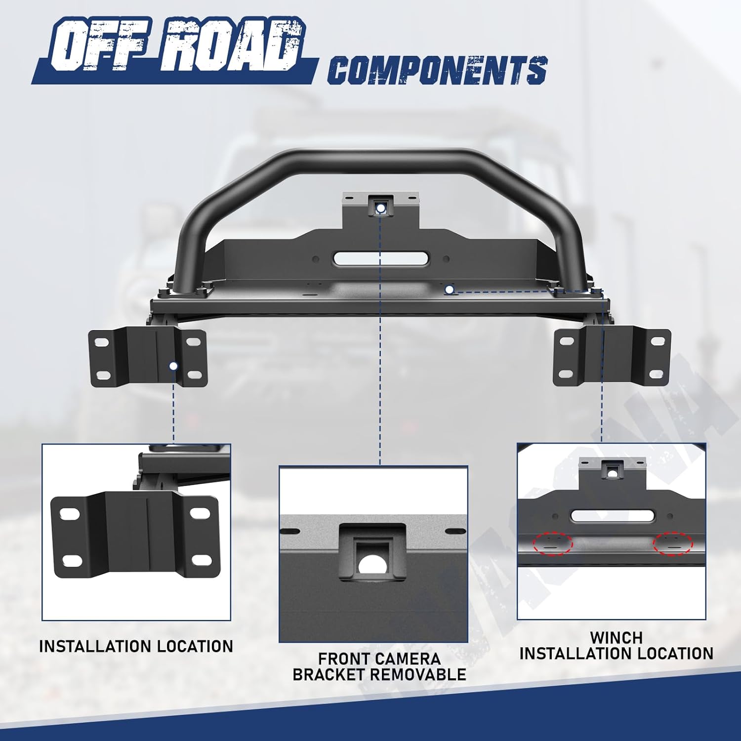 for 2021-2025 Ford Bronco Front Bumper with Bull Bar & Winch Mount Off-Road Brush Guard Winch Mounting Plate