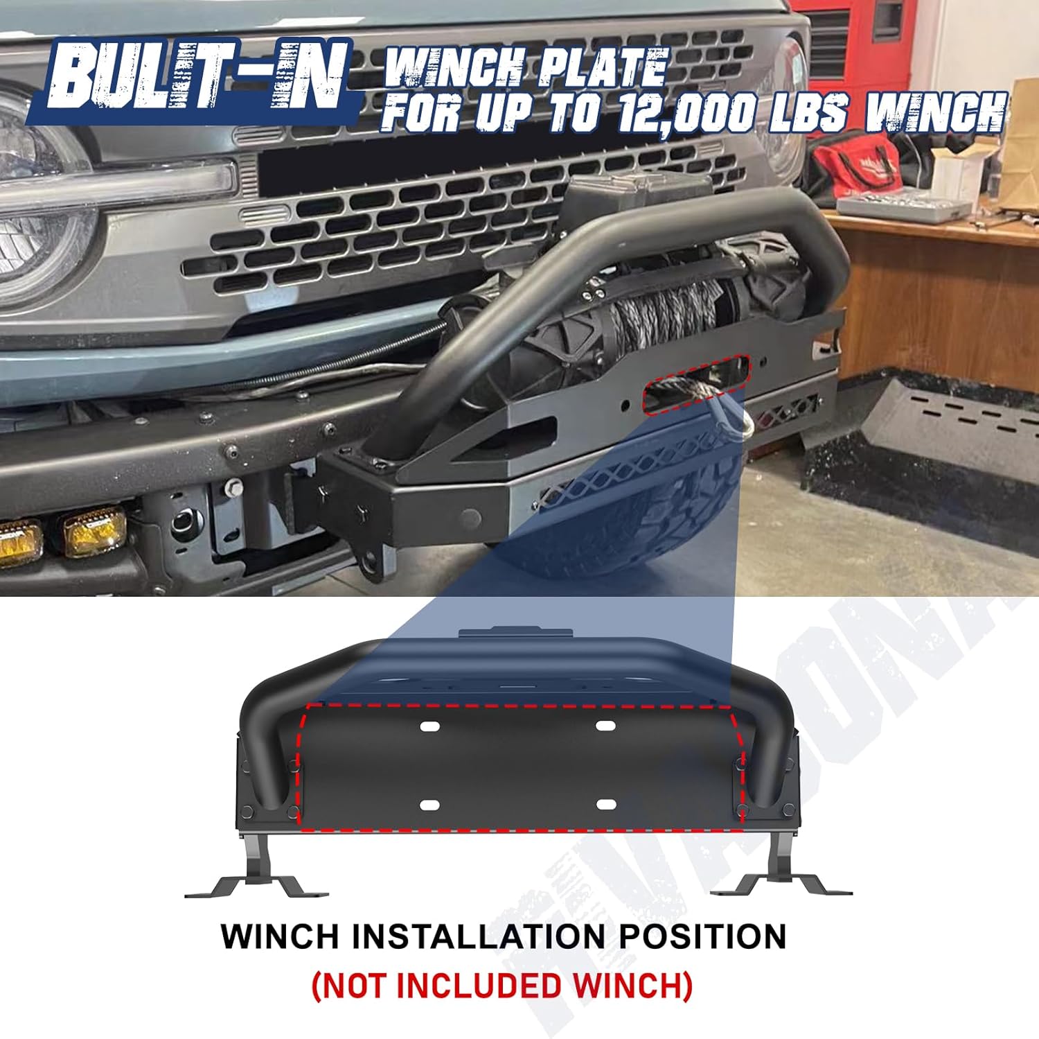 for 2021-2025 Ford Bronco Front Bumper with Bull Bar & Winch Mount Off-Road Brush Guard Winch Mounting Plate