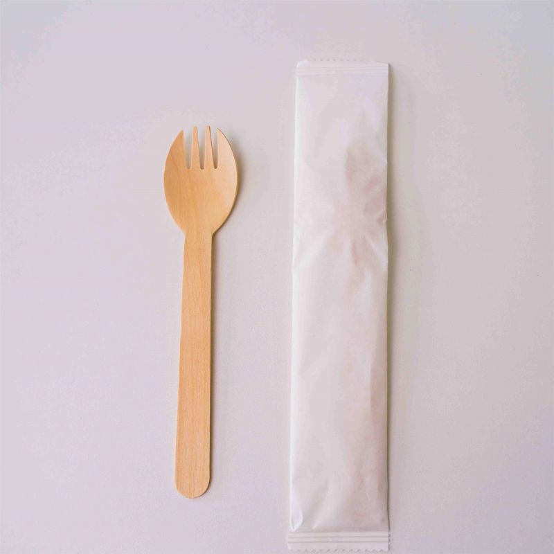 Disposable individually wrapped wooden spork