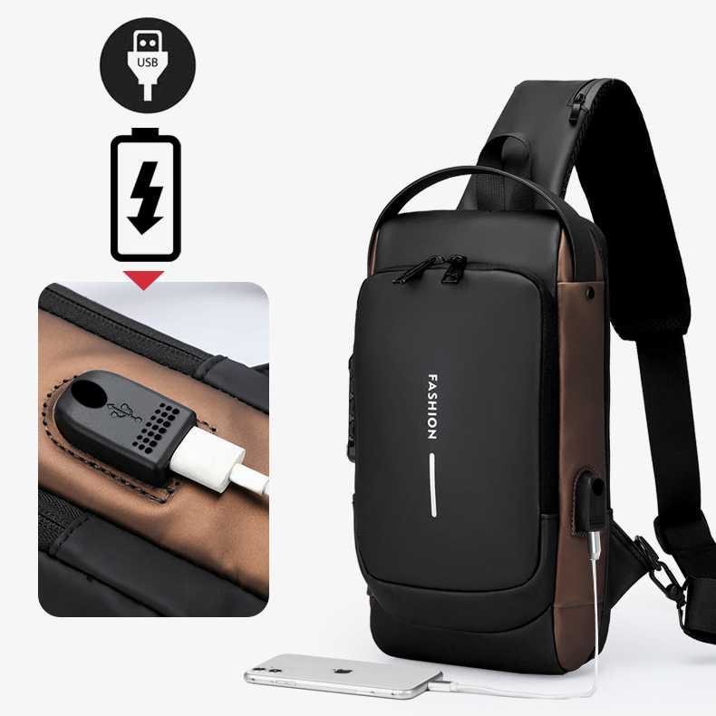 Nuovo design del produttore con lucchetto con codice antifurto e borsa toracica USB personalizzata in nylon impermeabile con tracolla singola