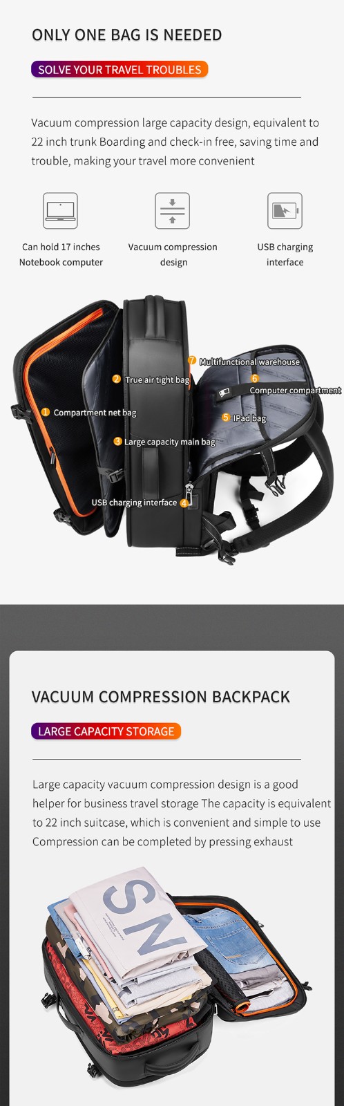 usb Vaccum Compression Water Repellent Business Travel Backpack