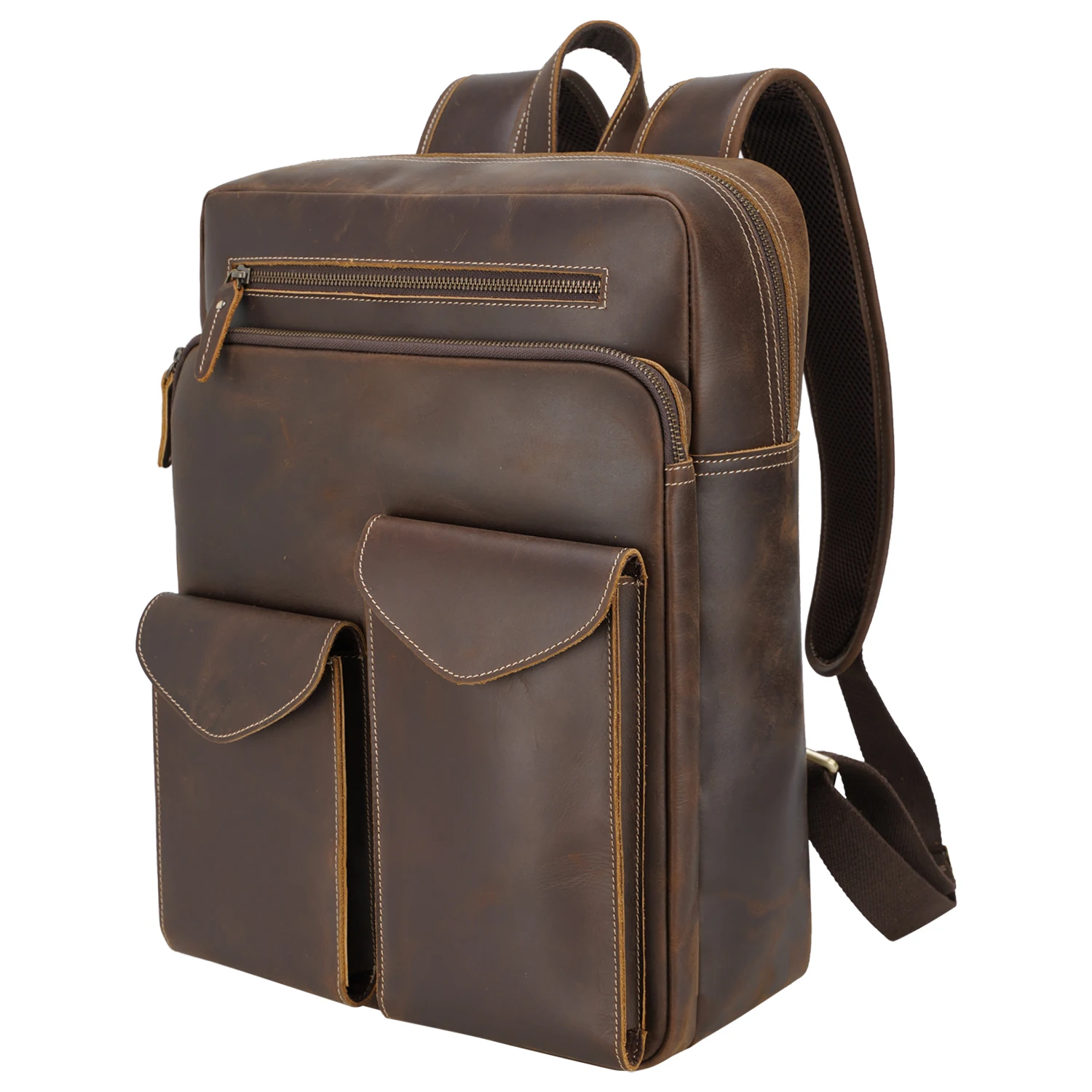 Vintage Full Grain Durable Brown Cowhide 15.6 Inch Backpack Customizable Cowhide Men's Backpack