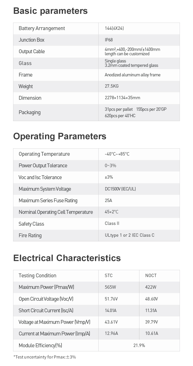 Módulo bifacial 565W com painel solar fotovoltaico de vidro duplo