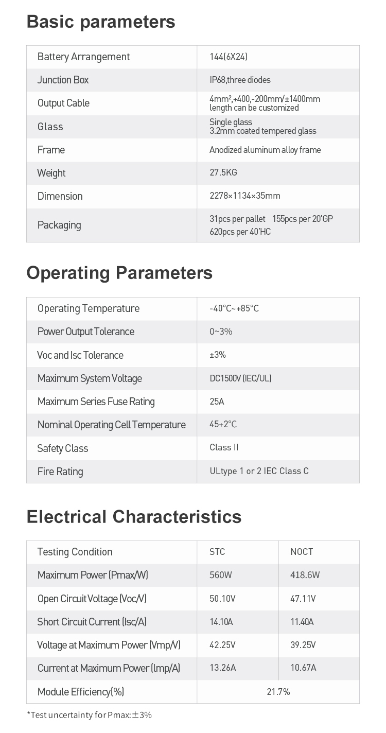 Modul bifacial de 560 W cu panou solar fotovoltaic dublu