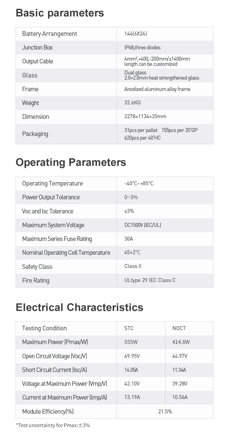 555W Bifacial Module With Dual Glass Solar PV Panel