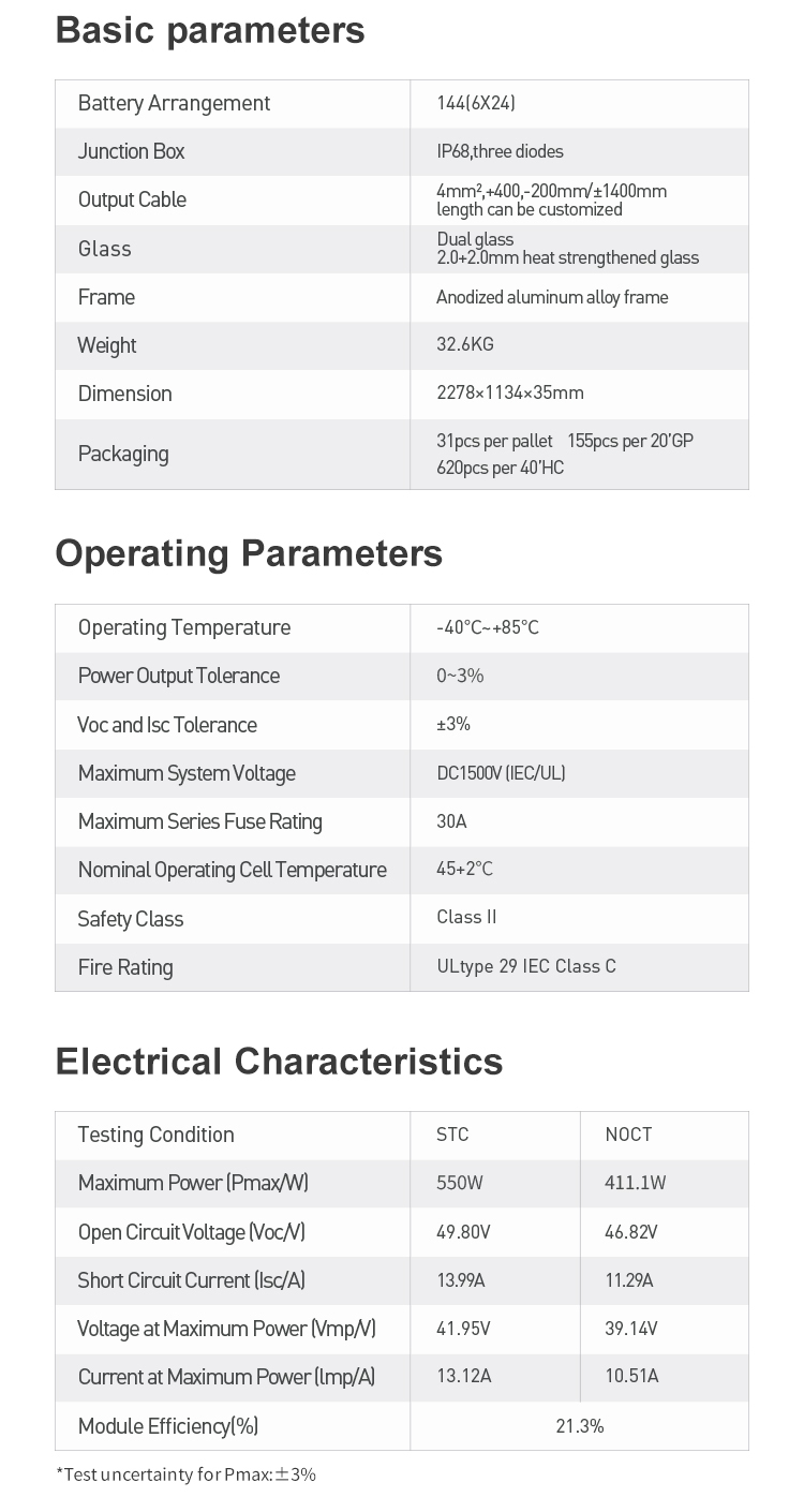 550W Bifacial Module With Dual Glass Solar PV Panel