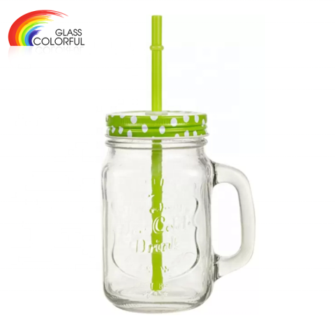 Pot Mason en verre de 16 oz 450 ml avec couvercle à poignée et paille